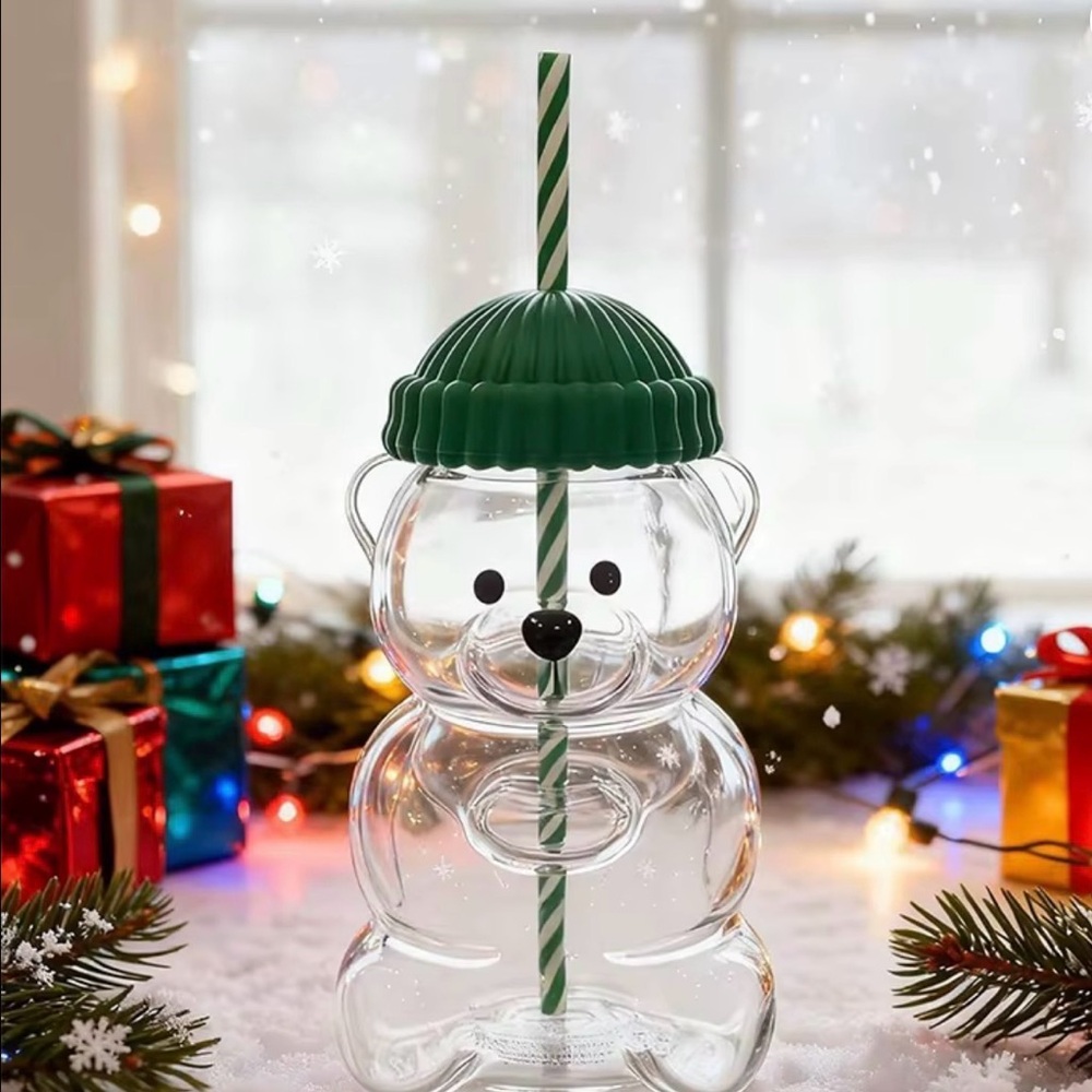 Clear Bear Shaped Cup with Green Lid and Straw